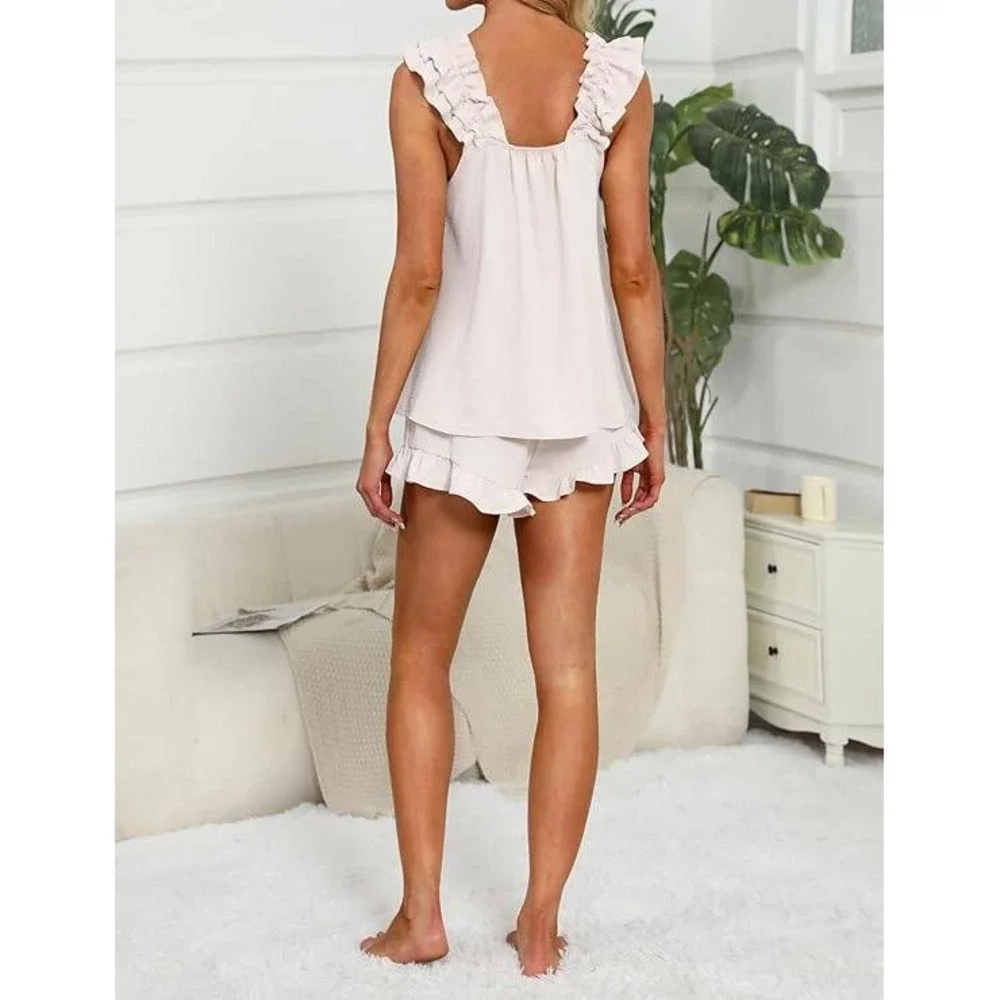 KFUBUO Women's L White Pajama Set 2 Piece Ruffle Tank Top & Shorts Soft Sleepwea